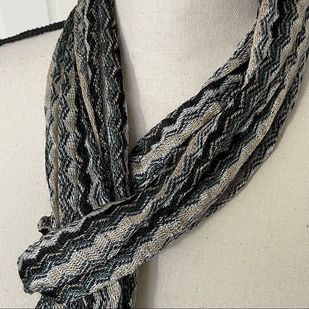 Zigzag Metallic Knit Long Thin Neutral Scarf with Fringe